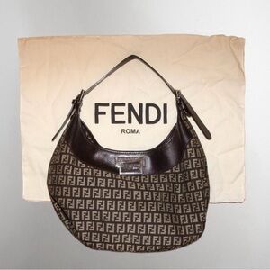 Fendi Brown Leather Zucca Canvas Medium FF Shoulder Bag w Dust Bag